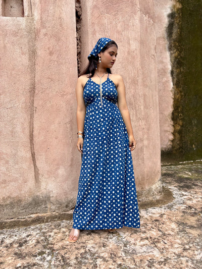 Reeva – Indigo Polka Dot Maxi Dress with Back Tie-Up