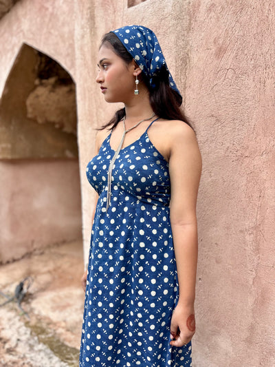 Reeva – Indigo Polka Dot Maxi Dress with Back Tie-Up