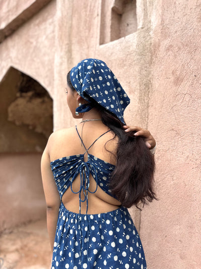 Reeva – Indigo Polka Dot Maxi Dress with Back Tie-Up