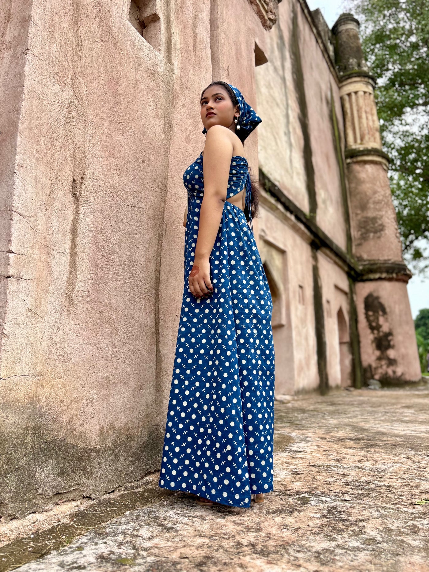 Reeva – Indigo Polka Dot Maxi Dress with Back Tie-Up