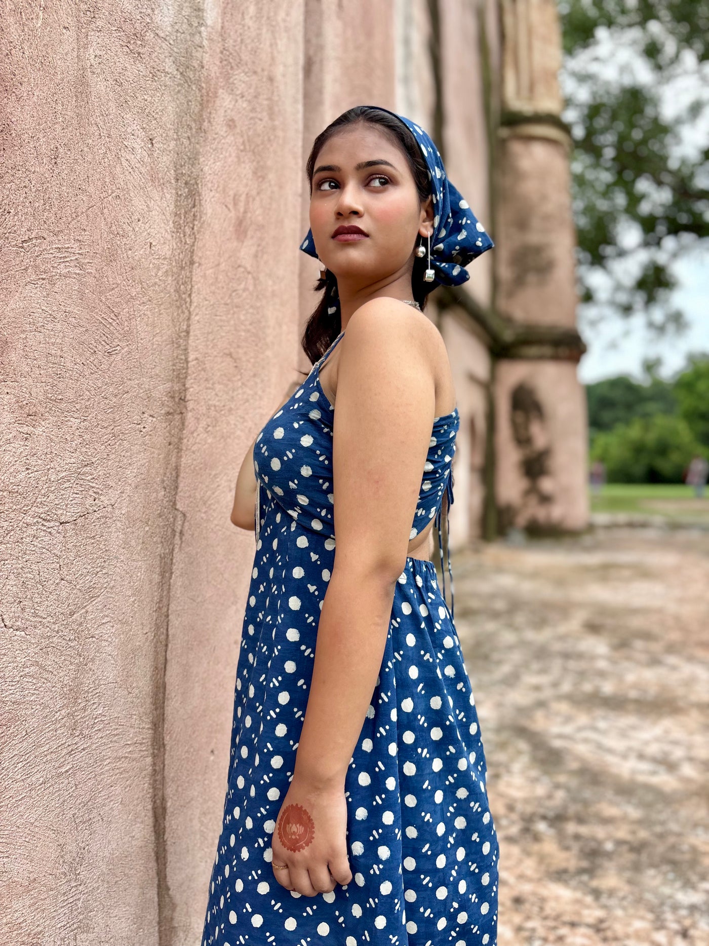 Reeva – Indigo Polka Dot Maxi Dress with Back Tie-Up