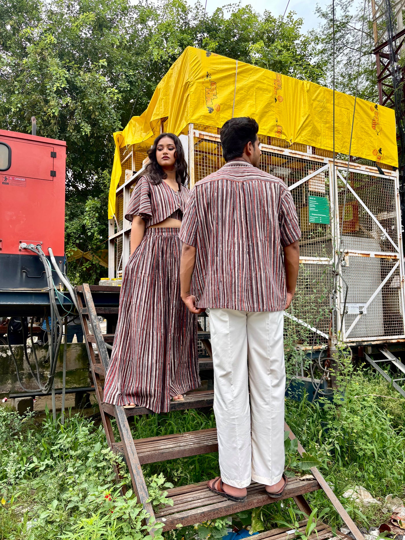 Earth Line – Slub Cotton Striped Shirt with Coconut Buttons & Applique Work