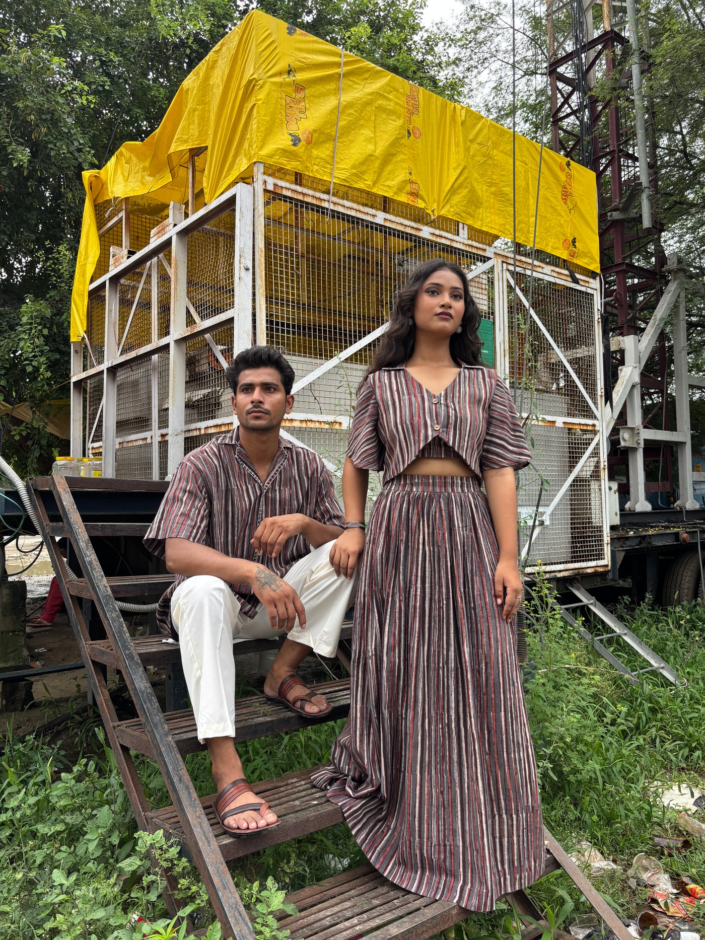 Earth Line – Slub Cotton Striped Shirt with Coconut Buttons & Applique Work