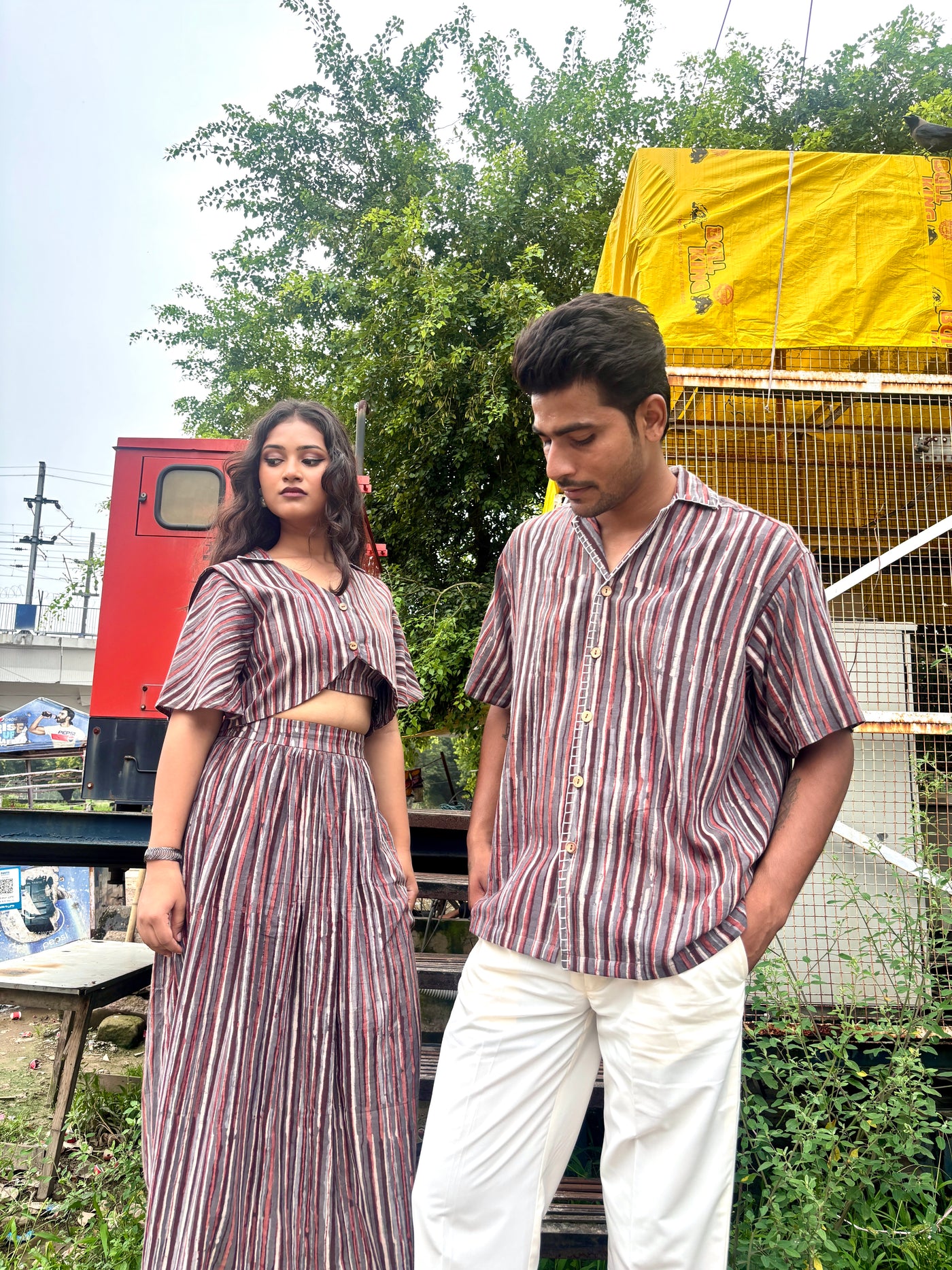Earth Line – Slub Cotton Striped Shirt with Coconut Buttons & Applique Work