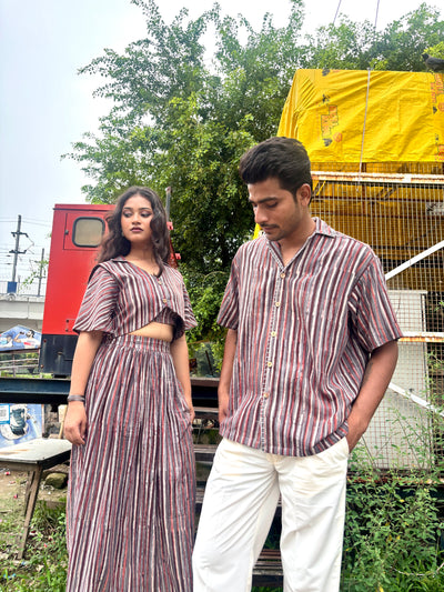 Earth Line – Slub Cotton Striped Shirt with Coconut Buttons & Applique Work