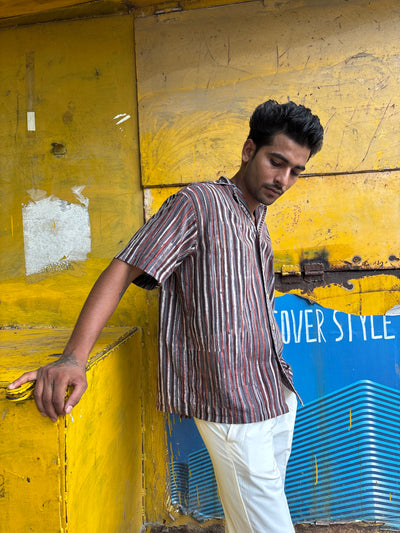Earth Line – Slub Cotton Striped Shirt with Coconut Buttons & Applique Work