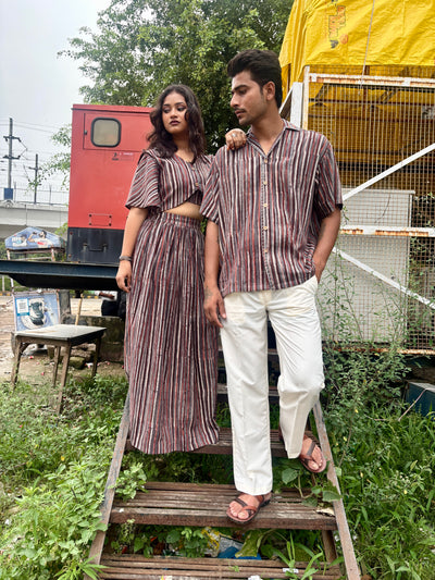 Earth Line – Slub Cotton Striped Shirt with Coconut Buttons & Applique Work